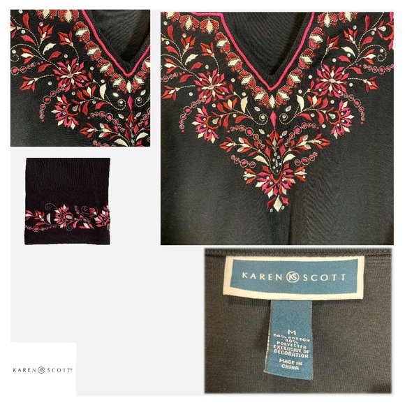 Karen Scott Long Sleeves Embroidered Jersey Top - Picture 4 of 4